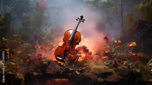 violin in floral garden setting with fog photo
