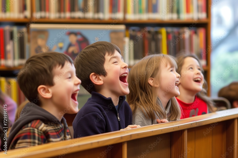 kids laughing at a puppet show in a public library kids laughing at a puppet show in a public library