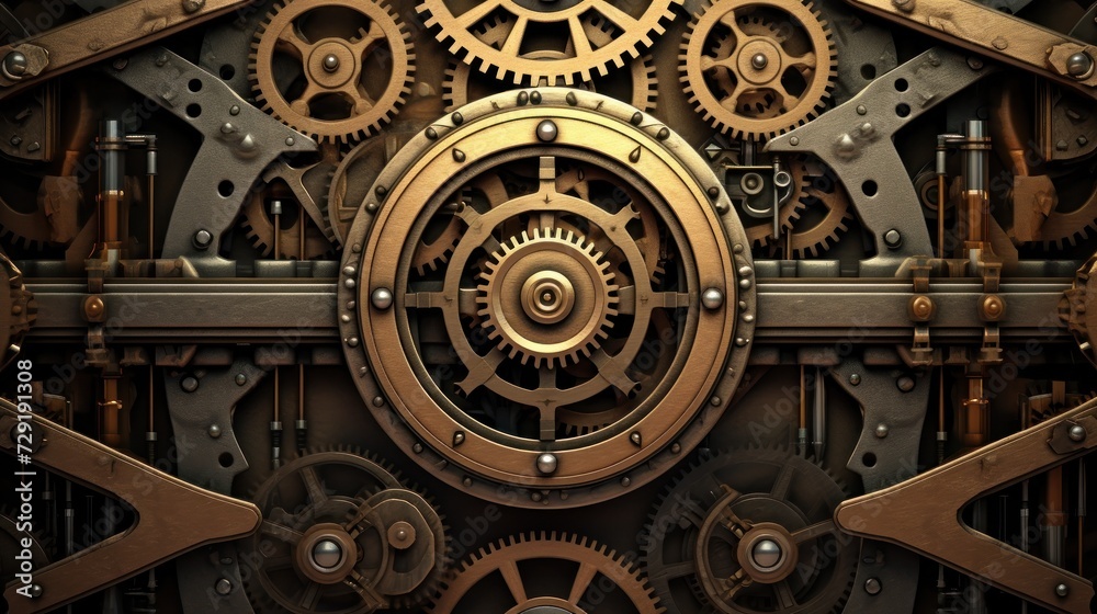 Intricate Assembly of Vintage Brass Gears and Cogs in a Complex Machine Mechanism. Background, wallpaper.
