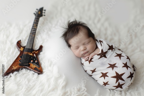 newborn in starpatterned swaddle, lying next to miniature electric guitar photo