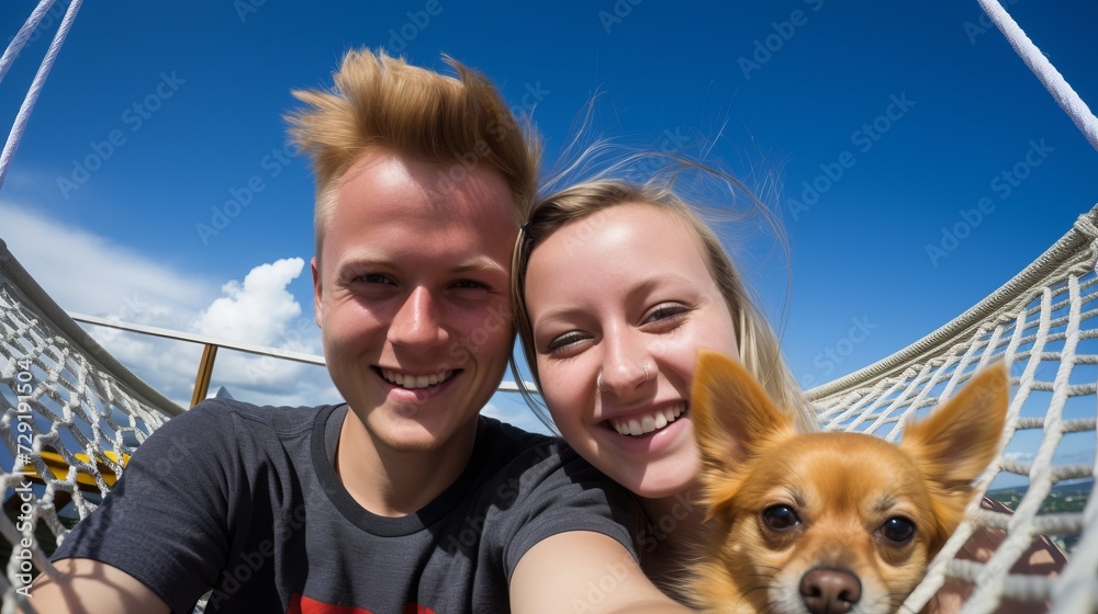 Young couple with chihuahua in hammock at the beach Young couple with chihuahua in hammock at the beach