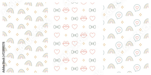 Doodle elements seamless pattern set. Color outline rainbow, star, lips, bow, heart and love bubble speach repeat on white background. Vector illustration. 