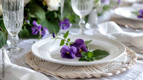 Spring table setting with viola flower