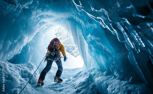 Icebound Explorer: Male Ice Climber Conquering Ice Cave