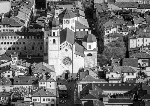 Trento city view from above in winter season. Trentino Alto Adige, Italy. Black and white image