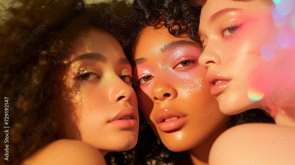 Obraz premium Closeup beauty portrait of diverse young women with glitter makeup, posing against a pastel background.