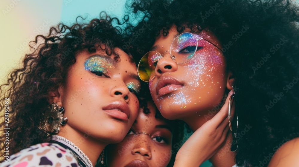 Obraz premium Closeup beauty portrait of multicultural women with glittery makeup against a pastel backdrop.