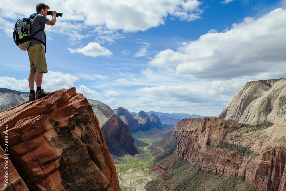 man on cliff edge surveying valley below with binoculars man on cliff edge surveying valley below with binoculars