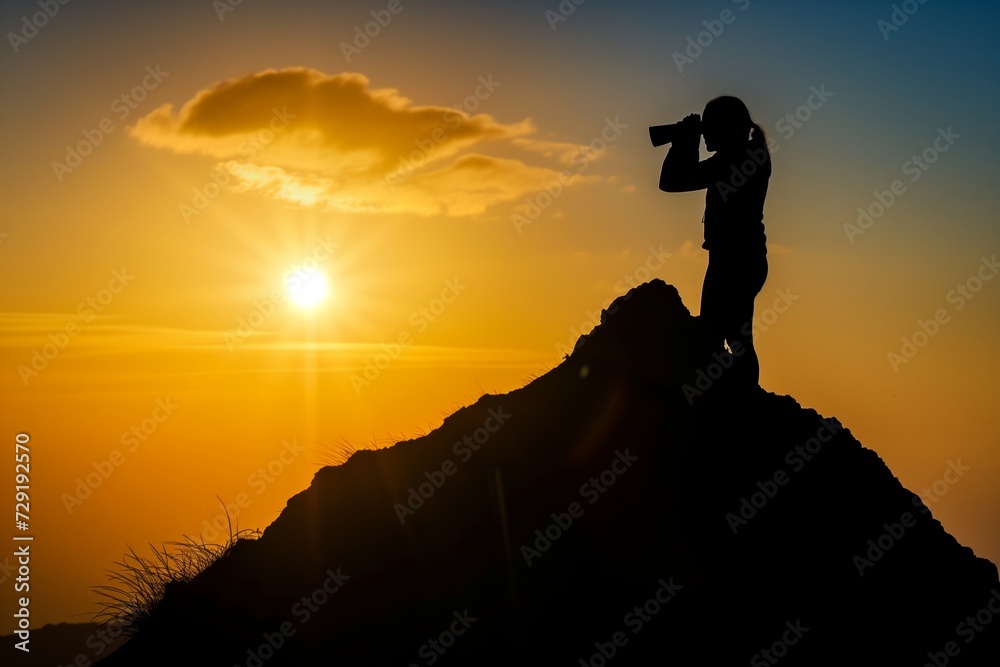 person with binoculars silhouetted against setting sun on peak