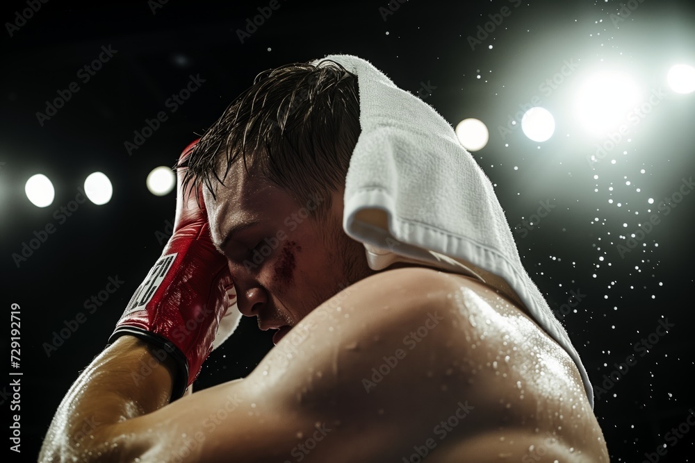 boxer wiping face with towel, breathing heavily