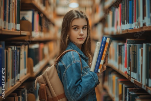 Portrait of a young smart woman holding books in a university library.