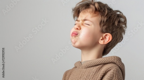 "A young boy with a playful expression making a funny face with his eyes closed and lips puckered wearing a brown knitted sweater against a neutral background."