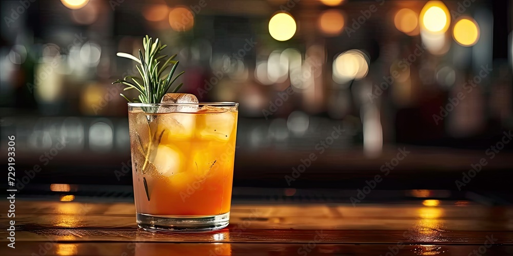 Elegant cocktail with rum and sprig of rosemary served in glass on rustic wooden table in cozy cafe with softly blurred background drink blend of refreshing citrus and aromatic herbs