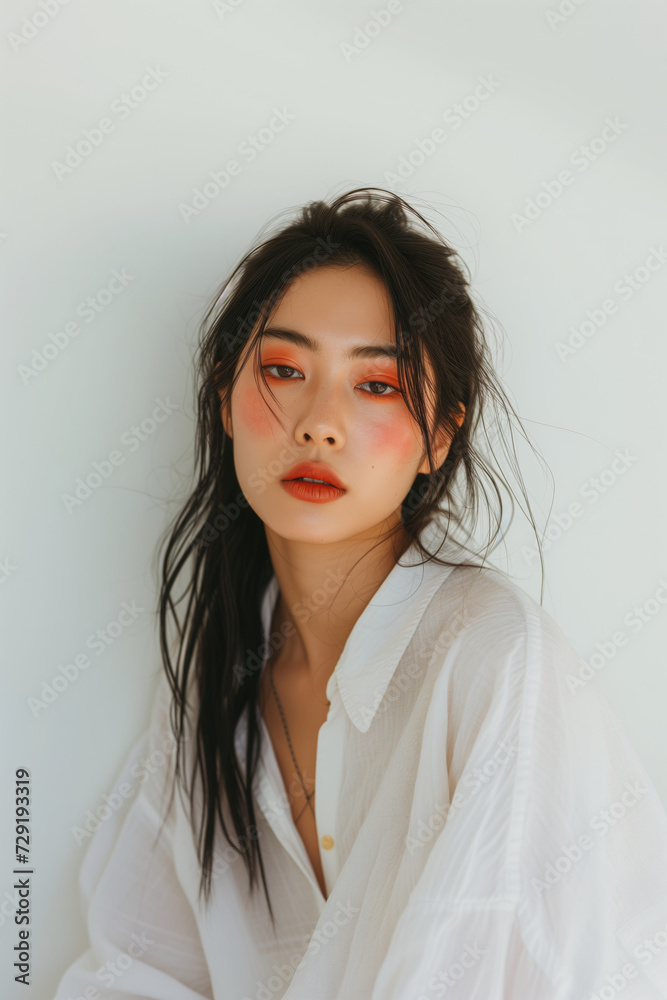 Portrait of a Young Asian Woman with Vibrant Orange Makeup and Messy Hair in a Minimalist Setting Portrait of a Young Asian Woman with Vibrant Orange Makeup and Messy Hair in a Minimalist Setting