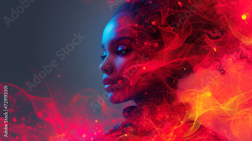 Creative graphics generative ai collage illustration of stunning gorgeous person in elegant neon light dress