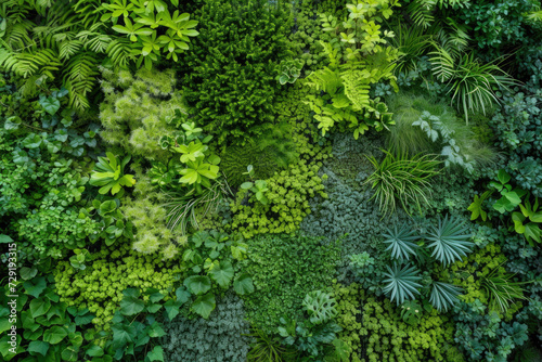 An eco-mosaic composed of thriving green plants  resembling a sustainable greenscape