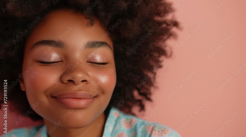 A horizontal closeup of a beautiful afro woman, adorned in pastel hues, glitter, and colorful makeup. A horizontal closeup of a beautiful afro woman, adorned in pastel hues, glitter, and colorful makeup.
