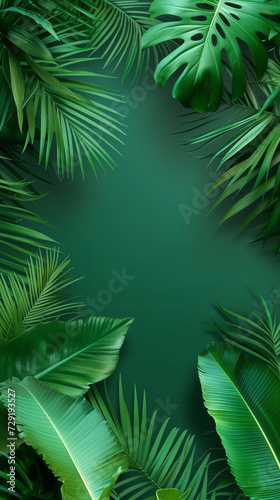 Green Tropical Background With Palm Leaves. Copy space. Bali style template green frame.