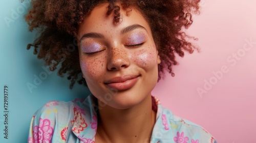 Closeup beauty portrait showcasing a joyful Afro woman in pastel hues.