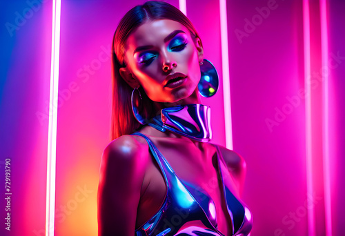 High Fashion model girl in colourful bright neon uv