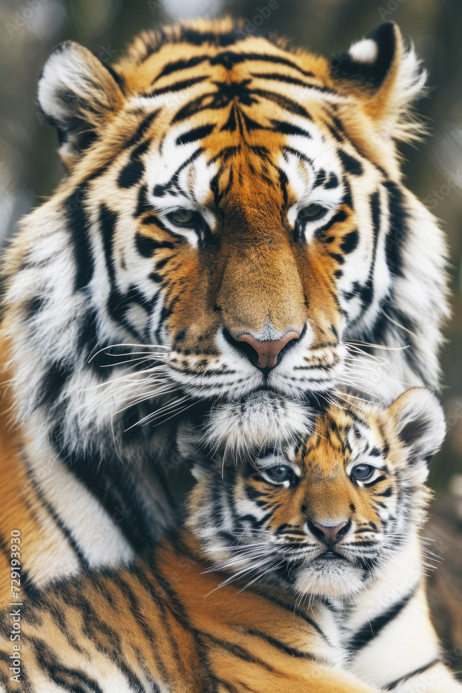 A tiger with her cub, mother love and care in wildlife scene A tiger with her cub, mother love and care in wildlife scene