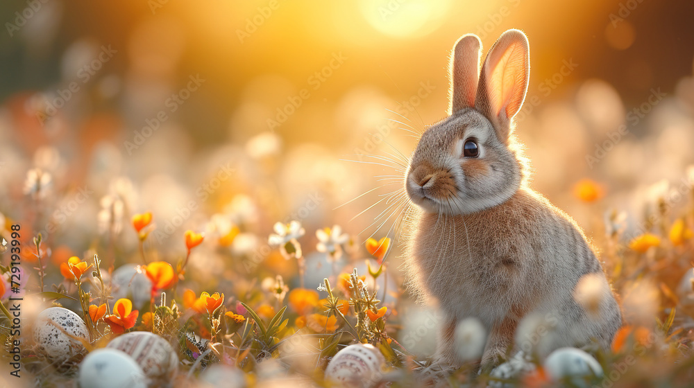 Easter card concept of a little bunny, creatively decorated eggs and bursts of cheerful spring flowers. Easter card concept of a little bunny, creatively decorated eggs and bursts of cheerful spring flowers.