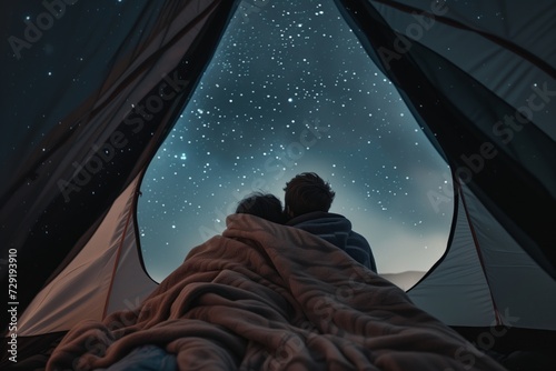 pair cuddled under a blanket, watching stars through tent opening