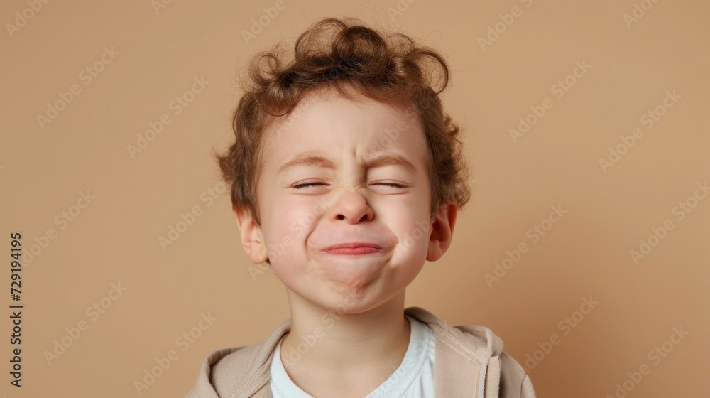 A young child with a pensive or possibly displeased expression making a face with closed eyes and a puckered mouth against a neutral beige background.