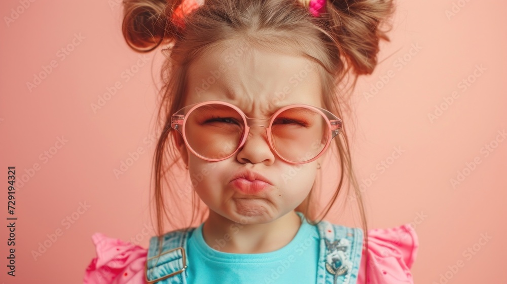 A young girl with a playful expression wearing pink glasses and a blue top with pink accents with her hair styled in two high buns adorned with pink hair ties.
