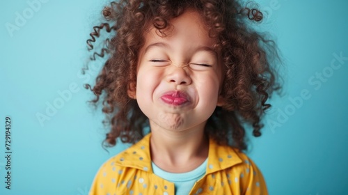 A young child with curly hair wearing a yellow polka dot shirt making a playful face with closed eyes and a puckered mouth against a light blue background.