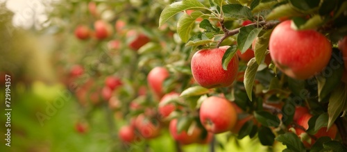 An orchard filled with green leaves and ripe red apples hanging on trees.