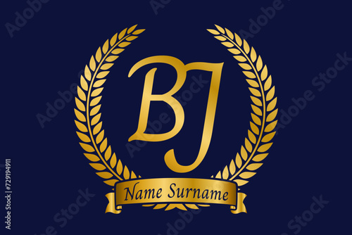 Initial letter B and J, BJ monogram logo design with laurel wreath. Luxury golden calligraphy font.