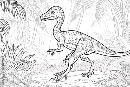 Oviraptor Dinosaur Black White Linear Doodles Line Art Coloring Page  Kids Coloring Book