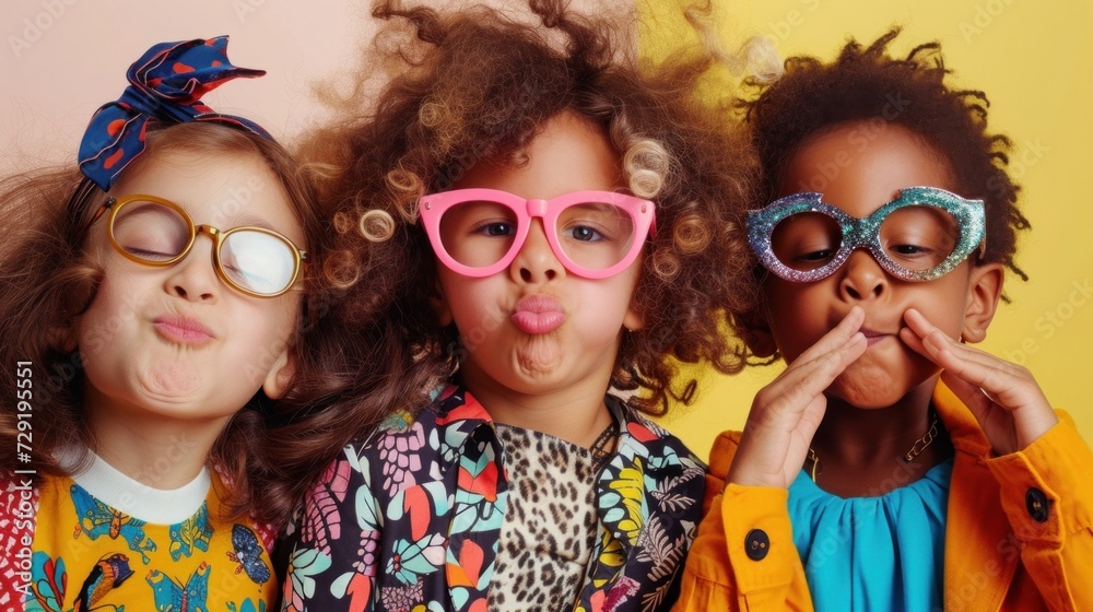 Three young children with curly hair wearing oversized glasses and making playful faces standing against a vibrant yellow background.