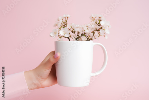 Young woman holding a white mug with flowers, closeup shot of white mug mockup
