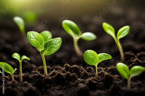 Close up of a young plant sprouting from the ground with green bokeh background