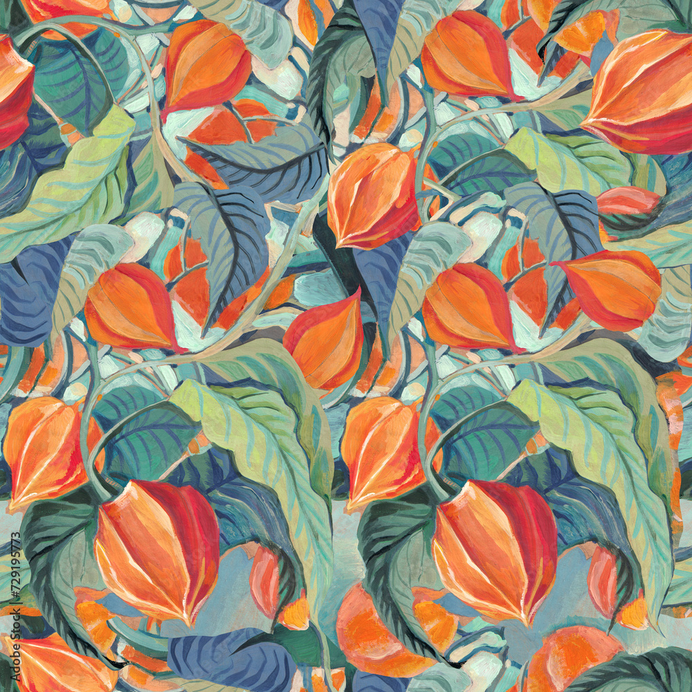 tempera painting on the paper winter cherry, seamless pattern 