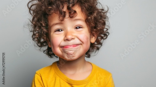A young child with curly hair wearing a yellow shirt smiling with a playful expression against a soft-focus gray background.