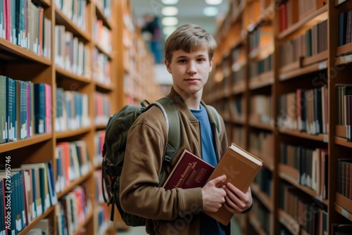 Portrait of a young smart boy holding books in a university library.