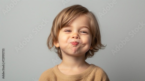 A young child with a playful expression sticking out their tongue and smiling against a neutral gray background. photo