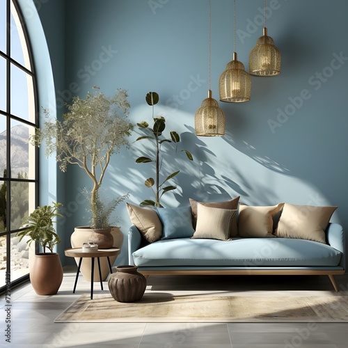 Modern Minimalist Living Room with Blue Sofa and Arched Window