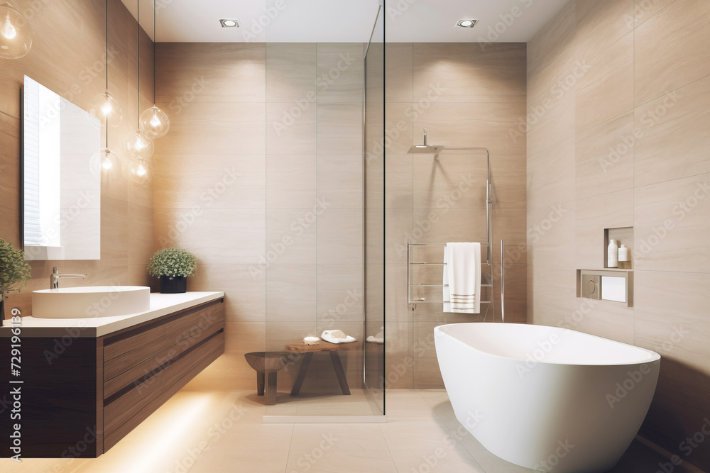 Design of a modern bathroom interior, shower cabin with toilet, sink in light colors. Design of a modern bathroom interior, shower cabin with toilet, sink in light colors.