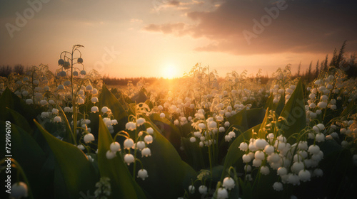 beauty of a meadow filled with Lily of the Valley flowers during sunset