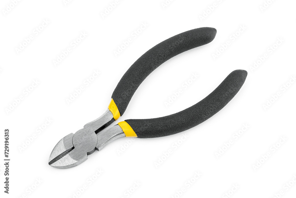 Yellow side cutters on a white background. Side cutting tool.
Yellow side cutters on a white background. Side cutting tool.