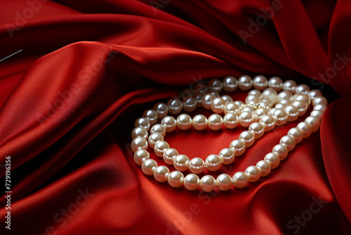 A beautiful and elegant string of pearl necklace presented on red silk cloth