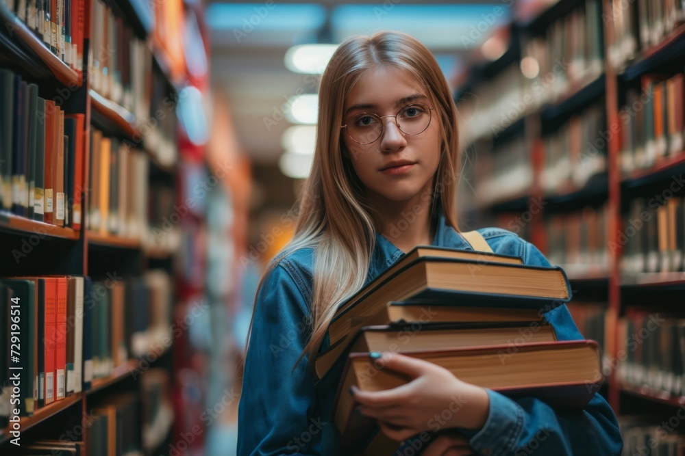 Portrait of a young smart woman with glasses holding books in a university library. Portrait of a young smart woman with glasses holding books in a university library.