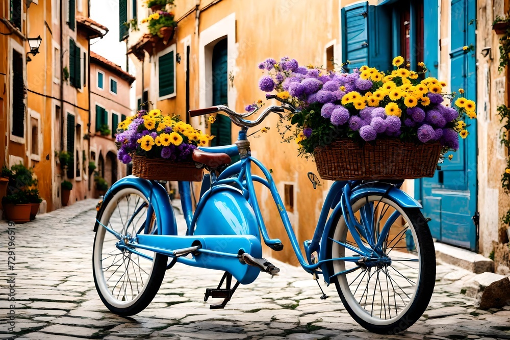 Blue bike with purple and yellow flowers on the streets of Rovinj