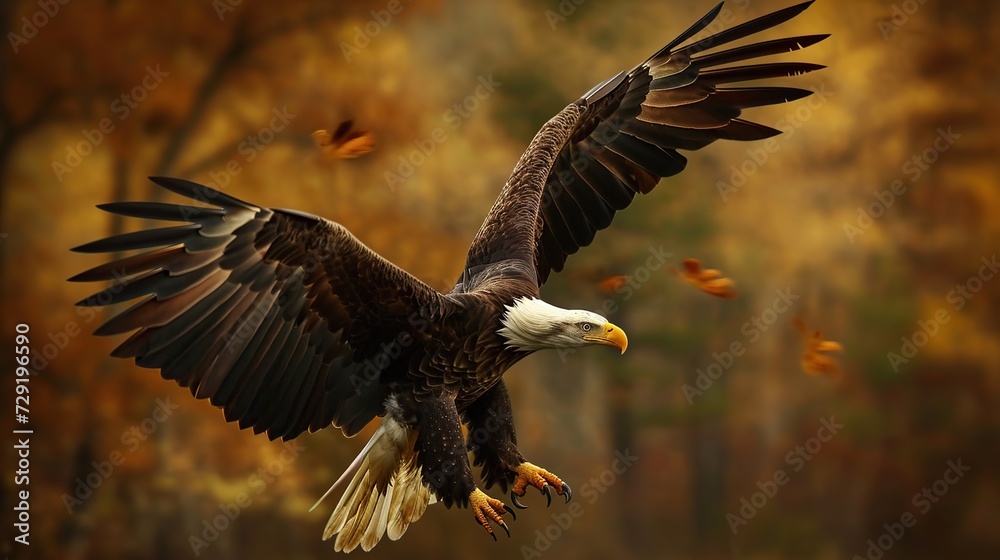 Obraz premium Bald eagle flying draw and paint on nature background. copy space for text.