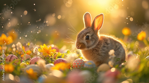Adorable Bunny With Easter Eggs In Flowery Meadow. Soft yellow sunlight. 