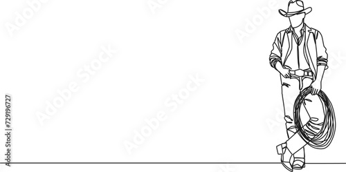 continuous single line drawing of cowboy with lasso, line art vector illustration